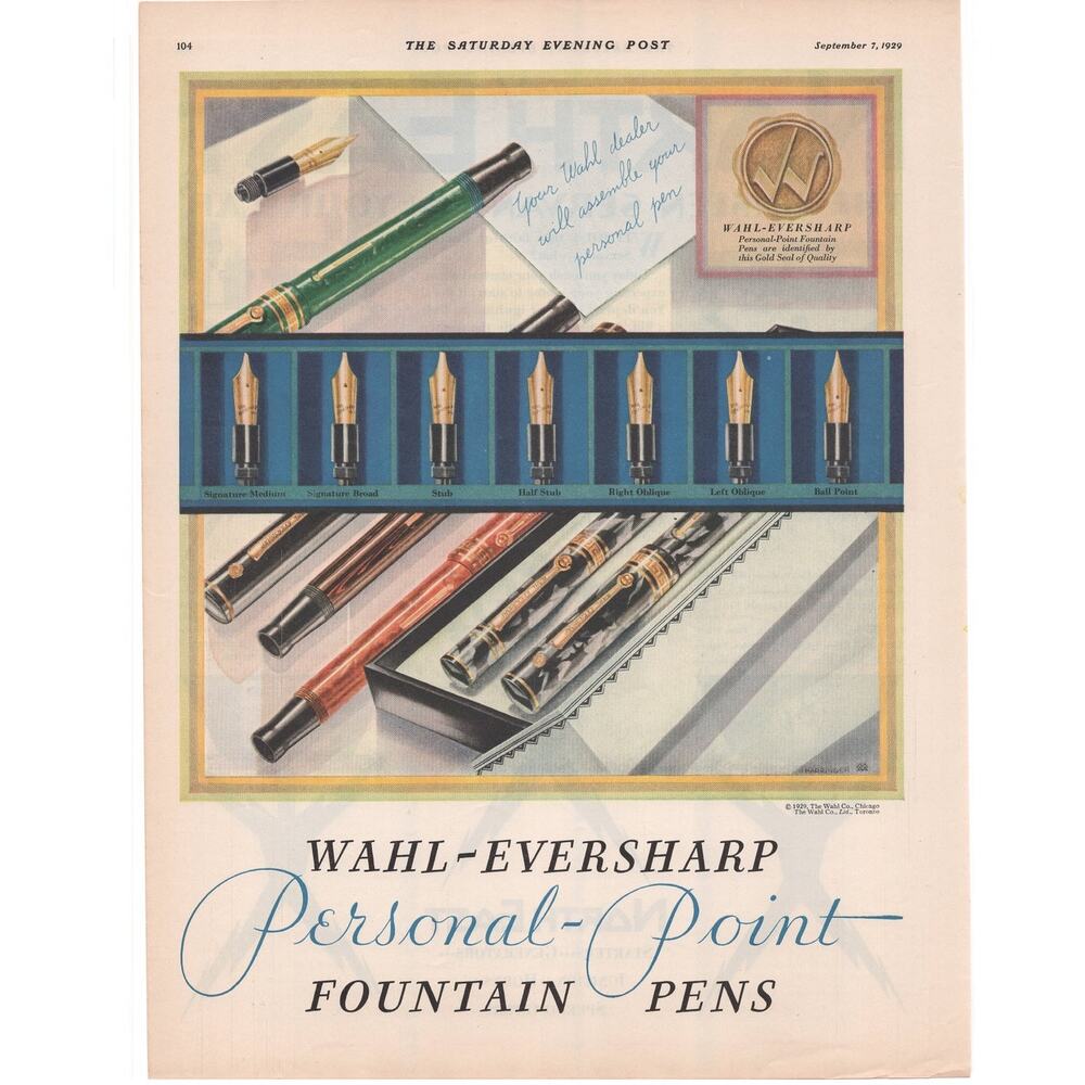 Wahl Eversharp Fountain Pen Advertisement Vintage 1929 Personal Point Writing